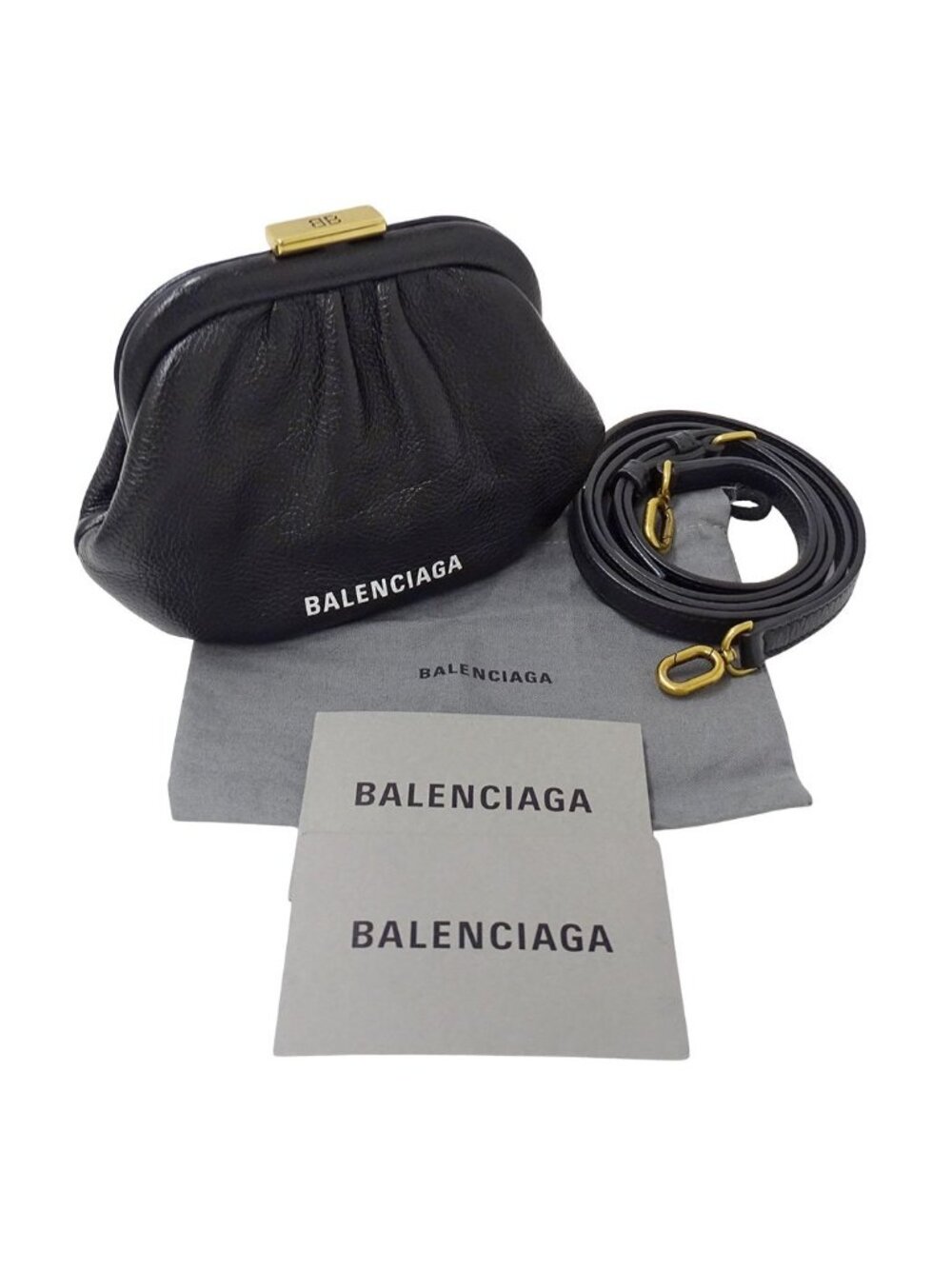 Balenciaga Wallet Shoulder Coin Case Leather Black Kiss Lock Logo - Picture 7 of 11